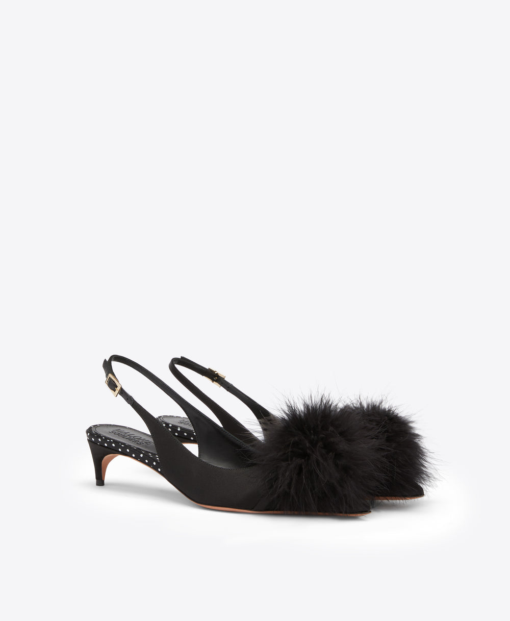 Andrea 40 Black Satin Kitten Heels with Feathers Malone Souliers