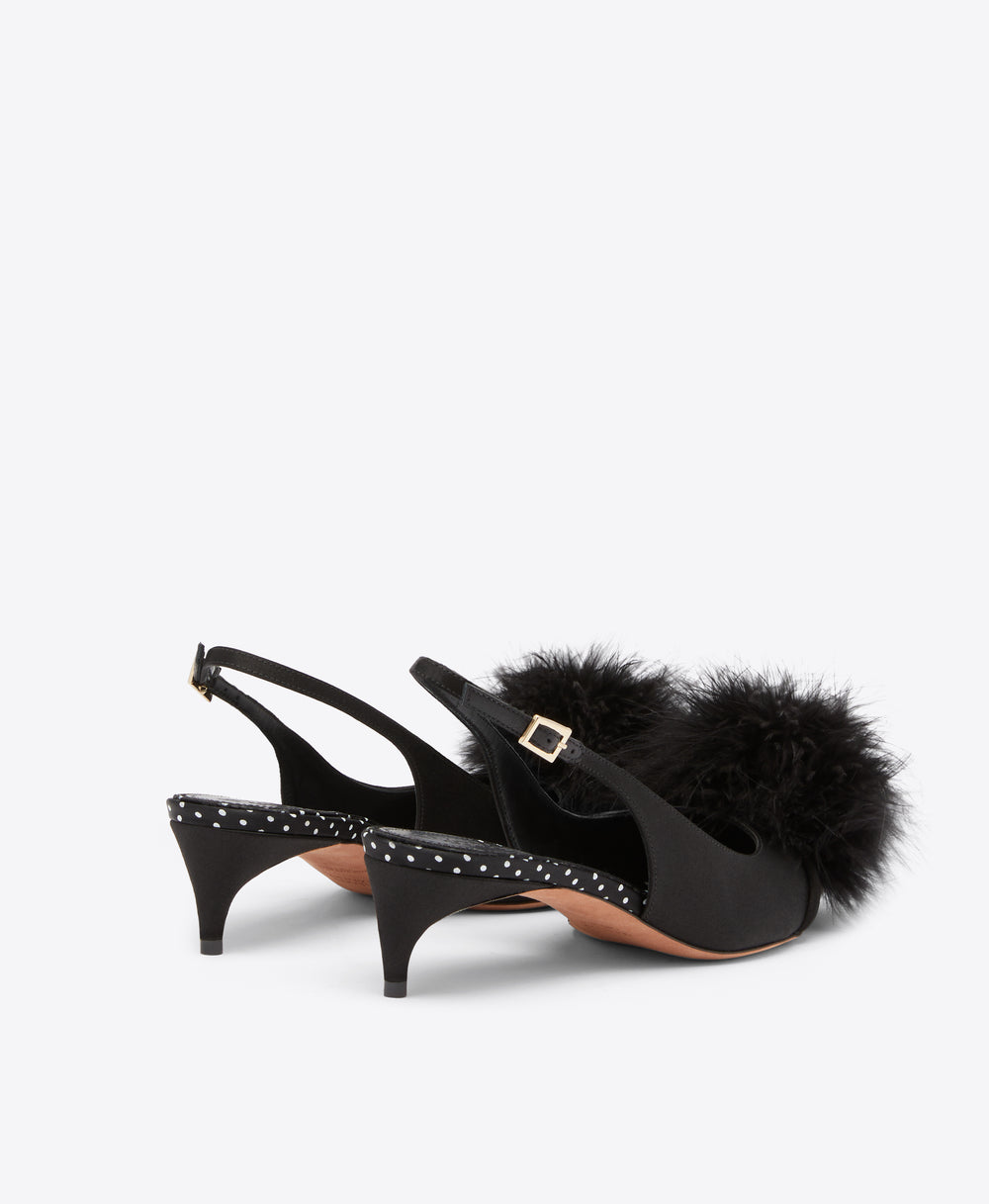 Andrea 40 Black Satin Kitten Heels with Feathers Malone Souliers