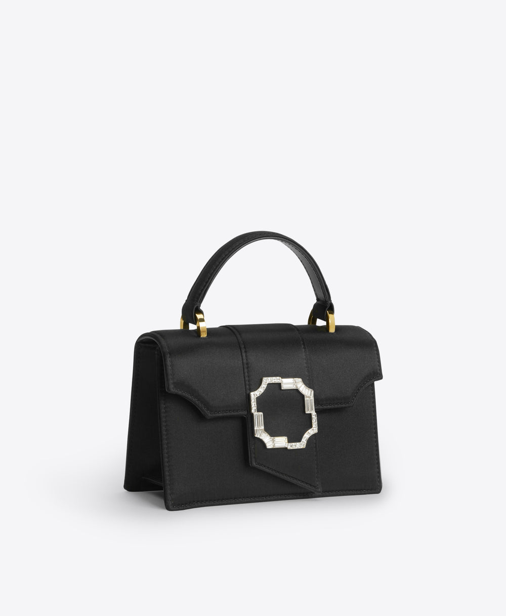 Audrey Mini Black Satin Handbag with Crest Buckle Malone Souliers