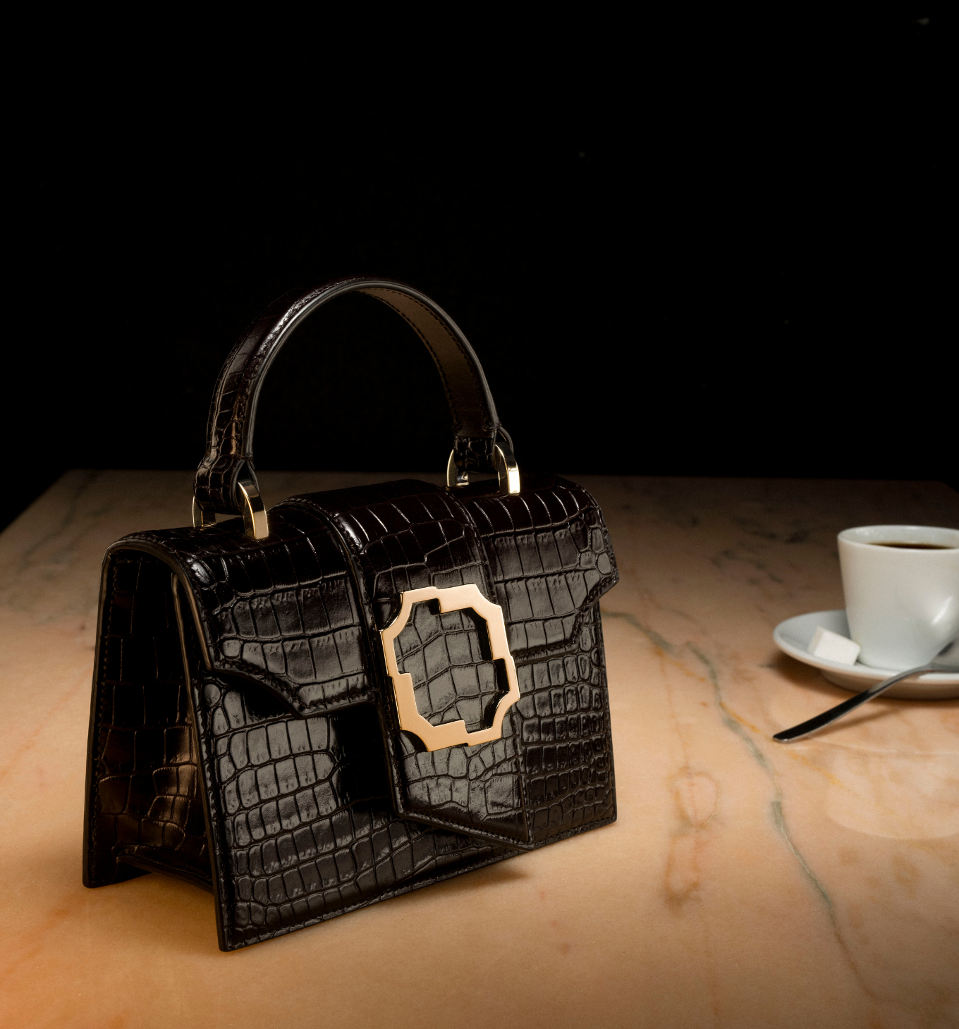 Women's designer Dark Brown Embossed Leather Mini Handbag with Crest Buckle Malone Souliers