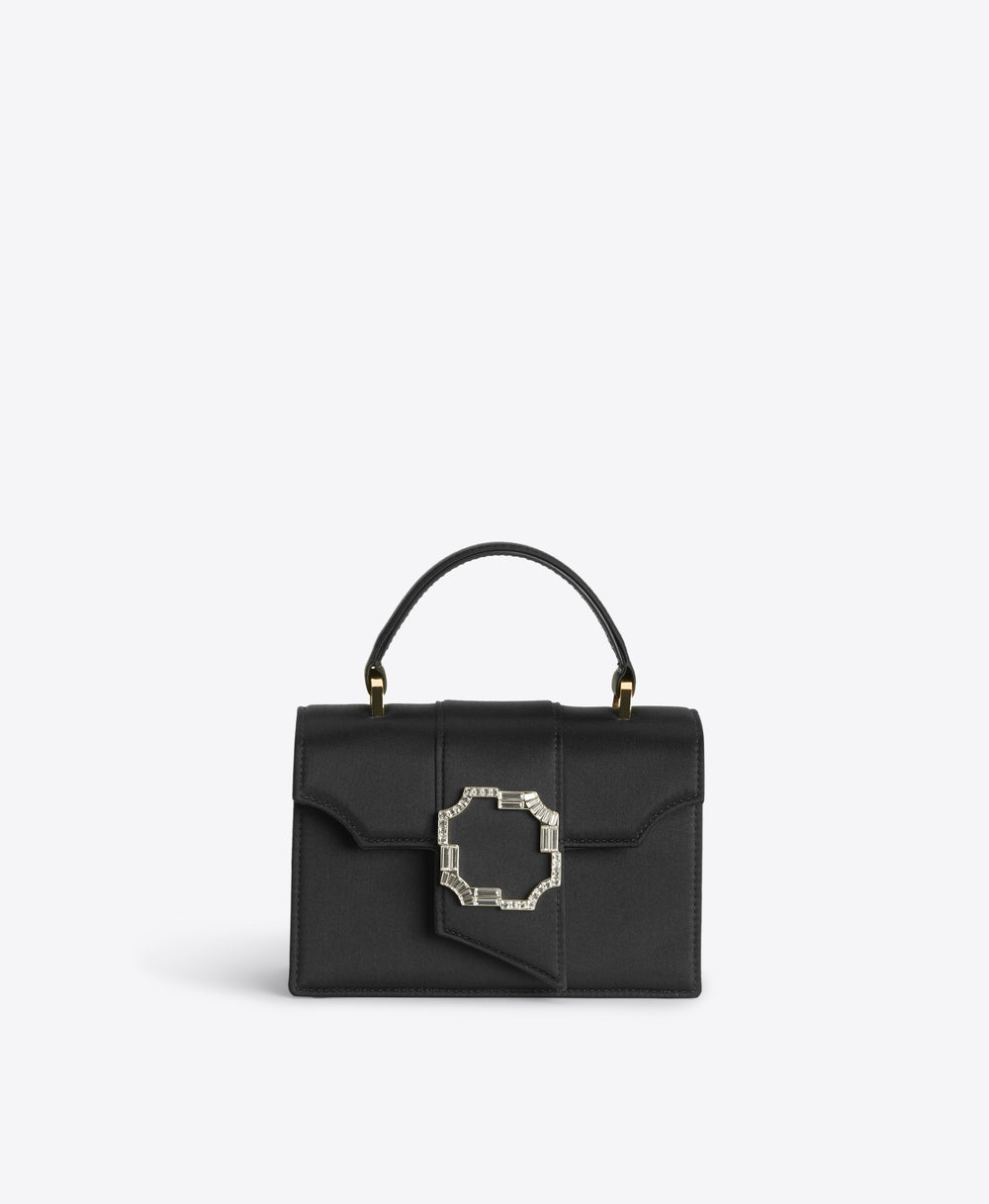 Audrey Mini Black Satin Handbag with Crest Buckle Malone Souliers