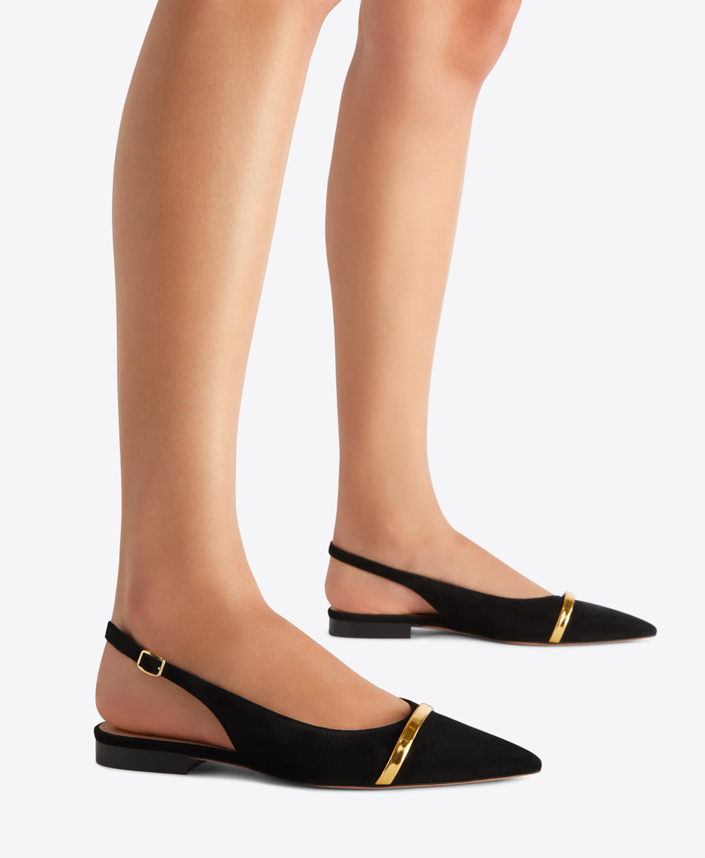 Jama Black Suede Flat Slingbacks with Gold Strap Malone Souliers