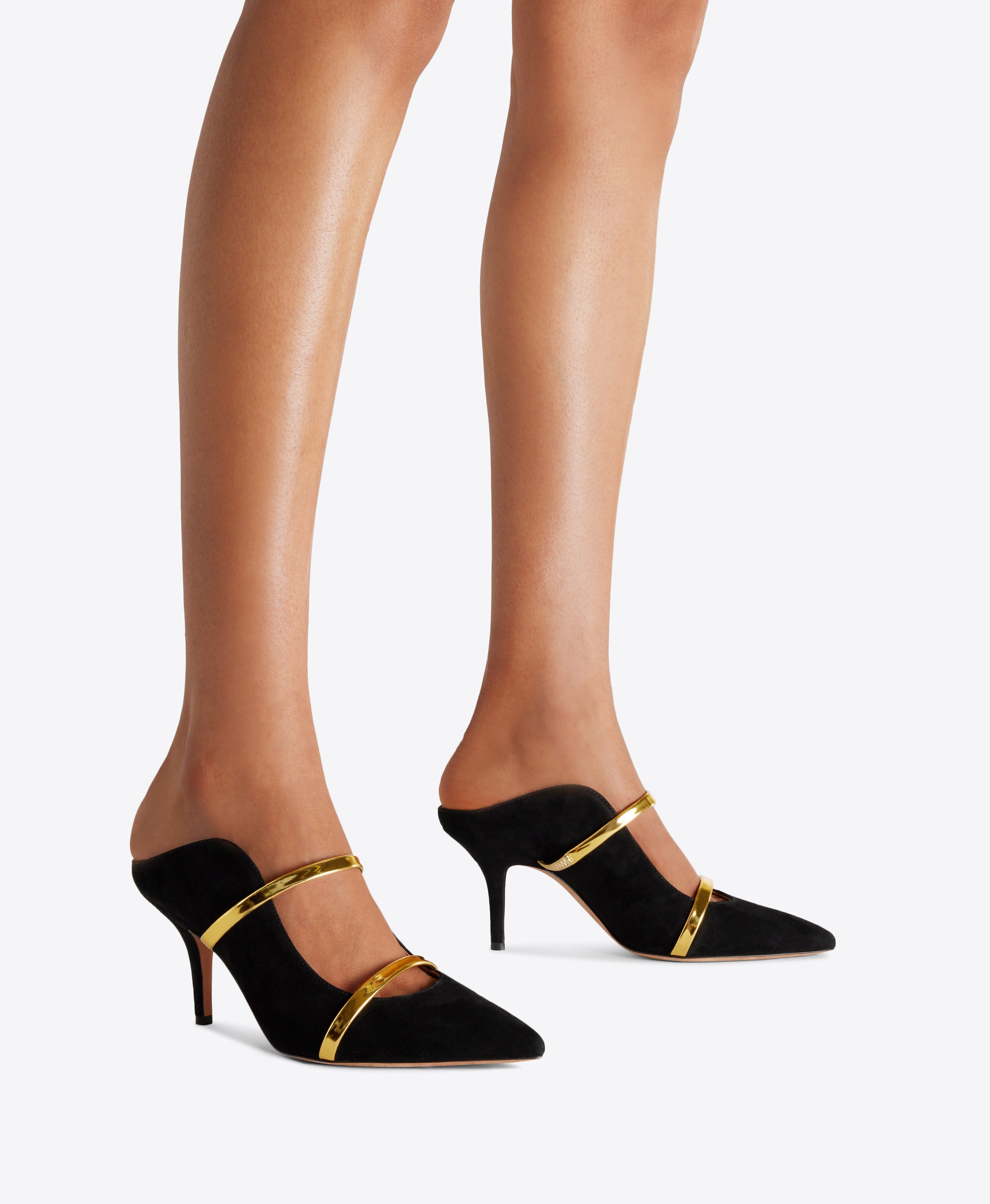 Maureen 70 Black Suede Mules with Gold Straps Malone Souliers