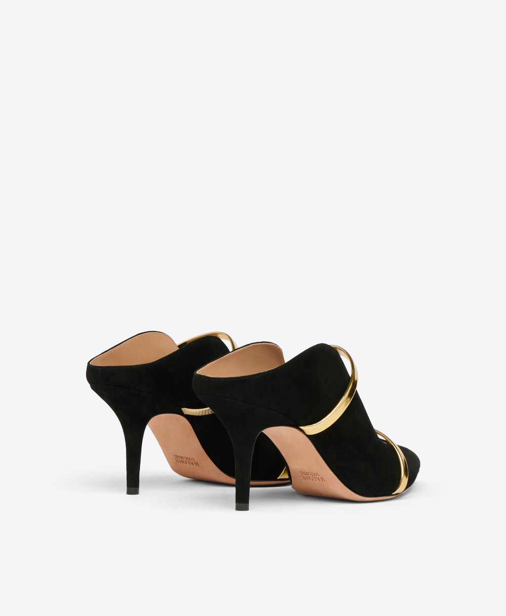 Maureen 70 Black Suede Mules with Gold Straps Malone Souliers