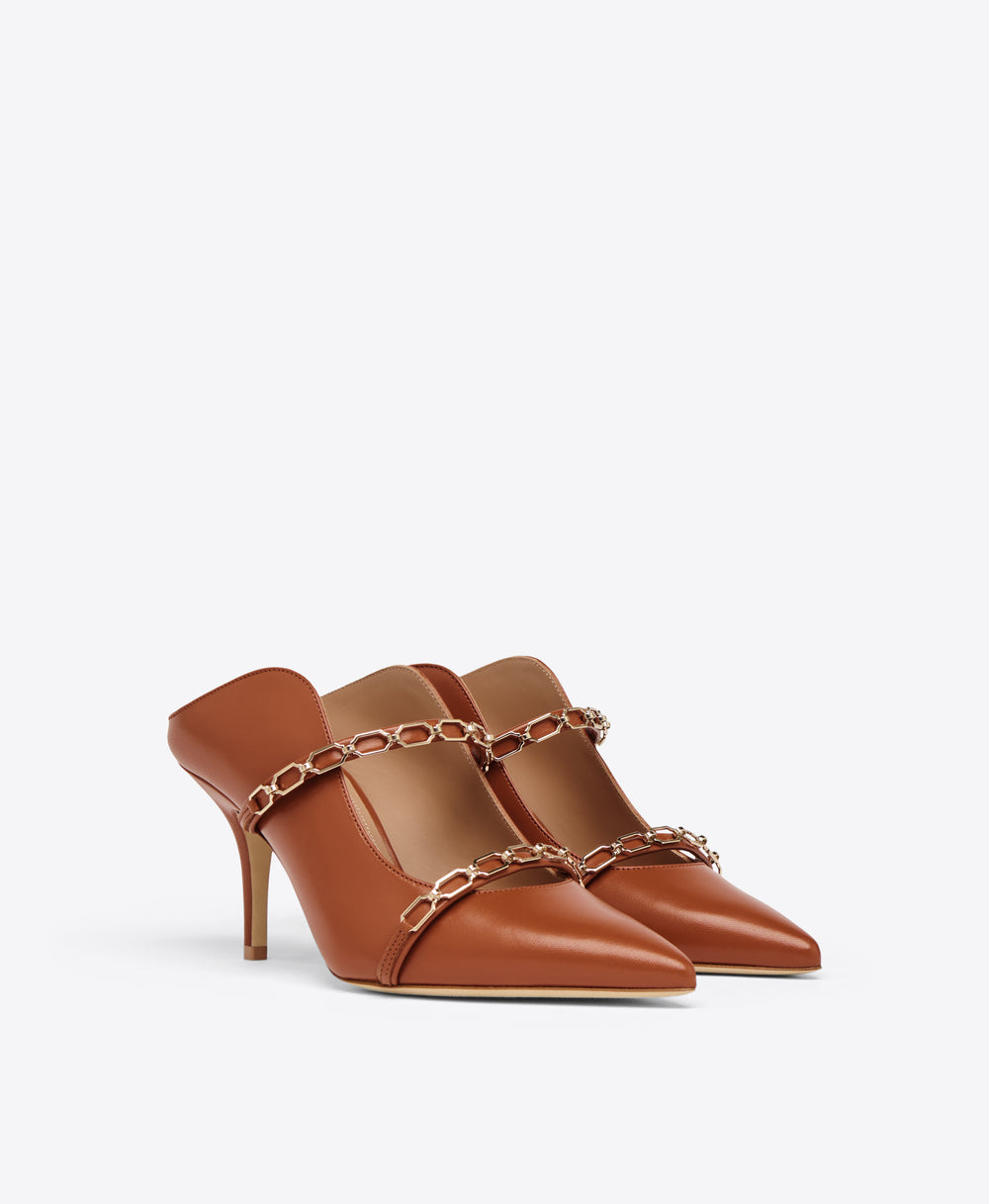 Maureen 70 Tan Leather Mules with Gold Chain Malone Souliers