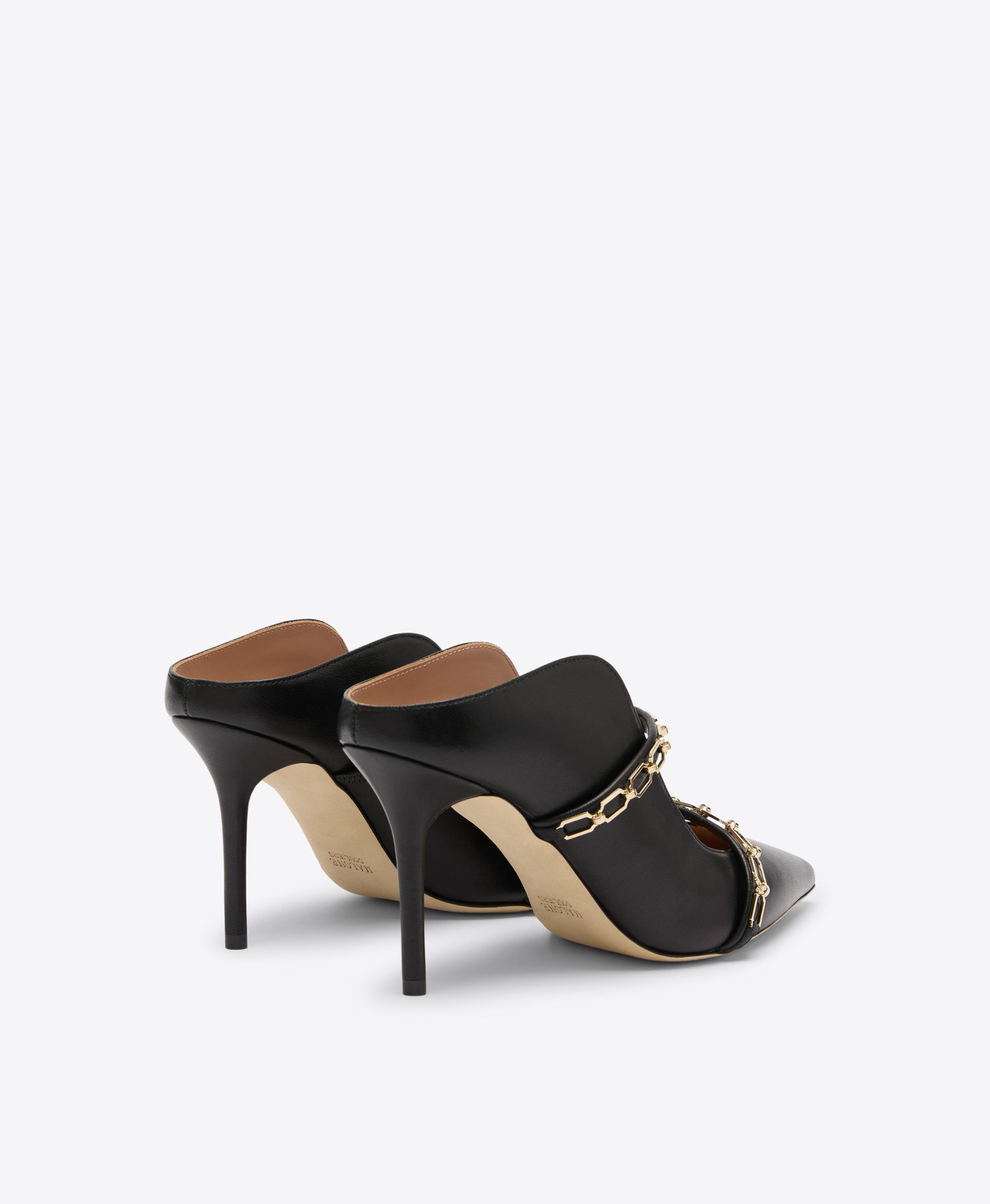 Maureen 85 Black Mules with Gold Chain Detail Malone Souliers