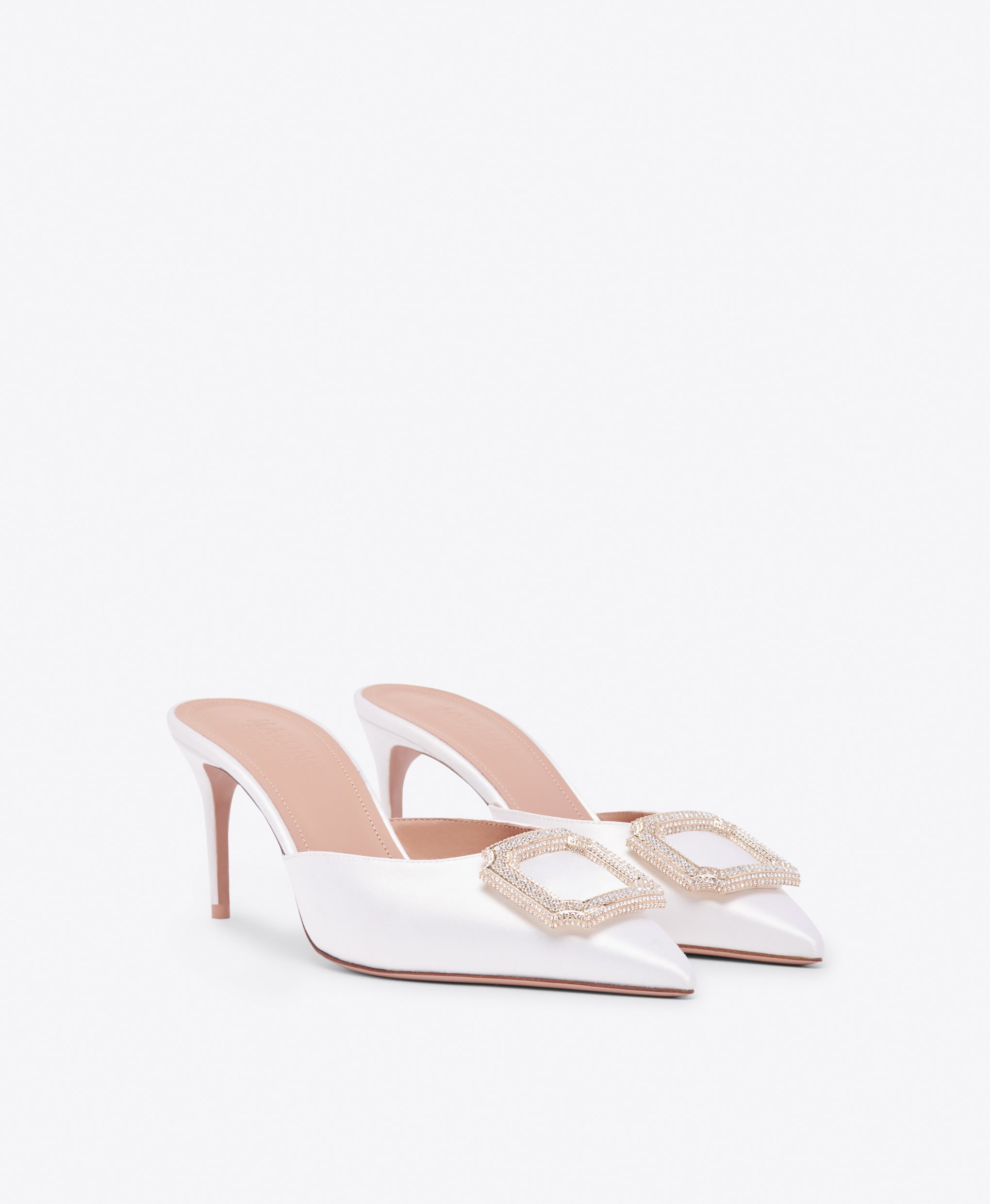 Mona 70 White Satin Mules with Crest Buckle Malone Souliers