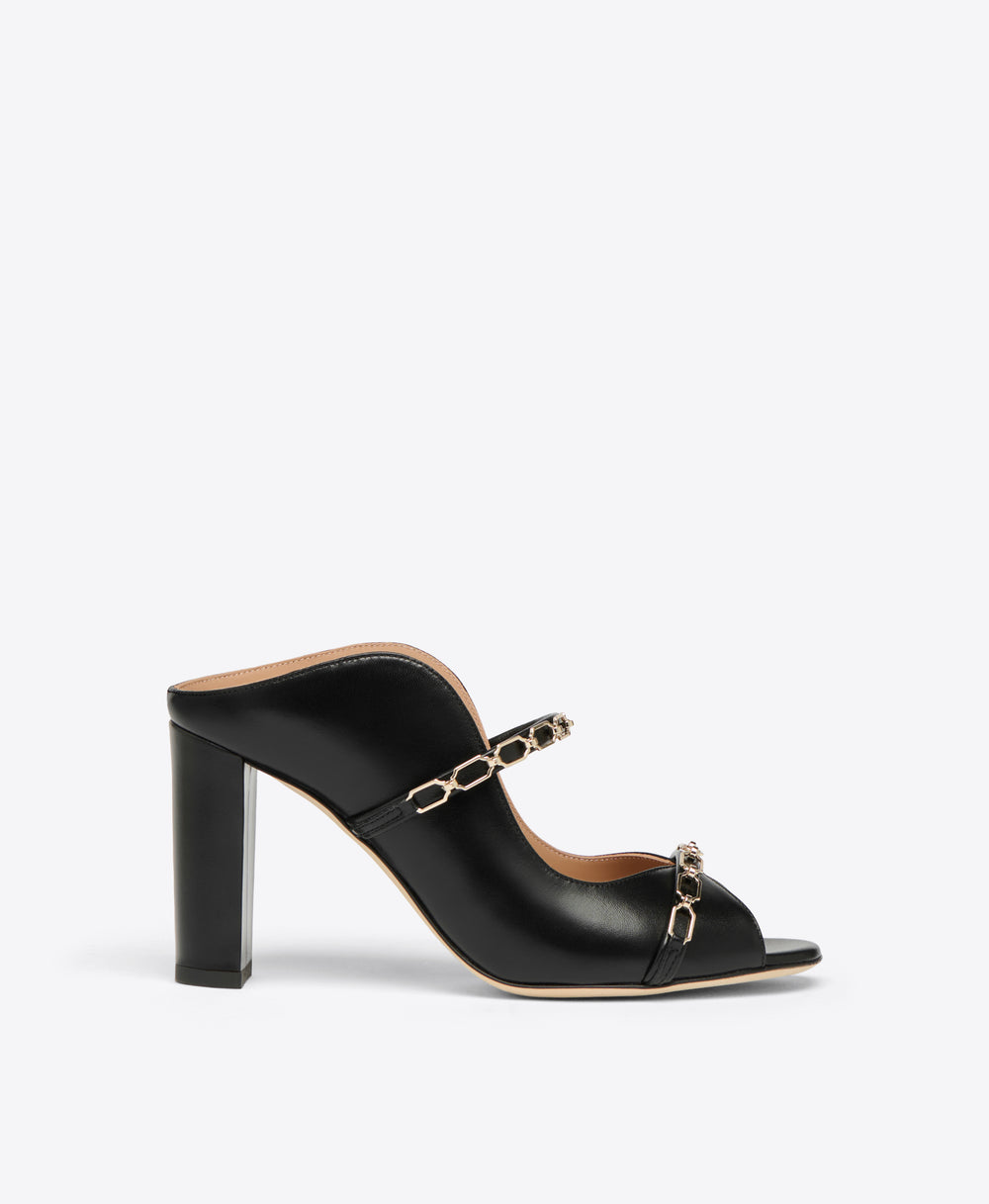 Norah 85 Black Heeled Sandals with Gold Chain Malone Souliers