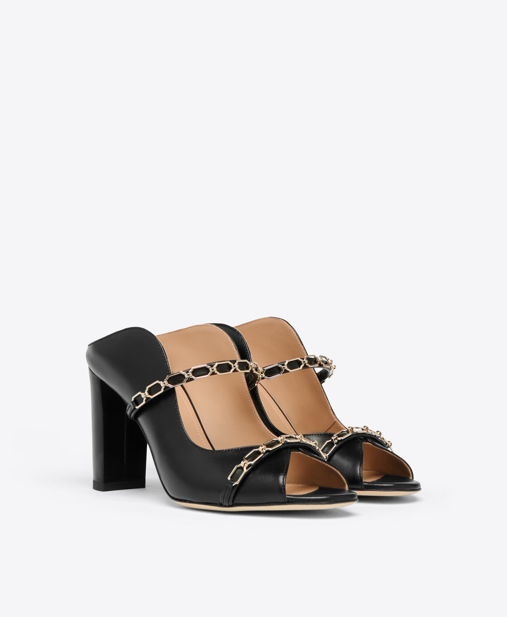 Norah 85 Black Heeled Sandals with Gold Chain Malone Souliers