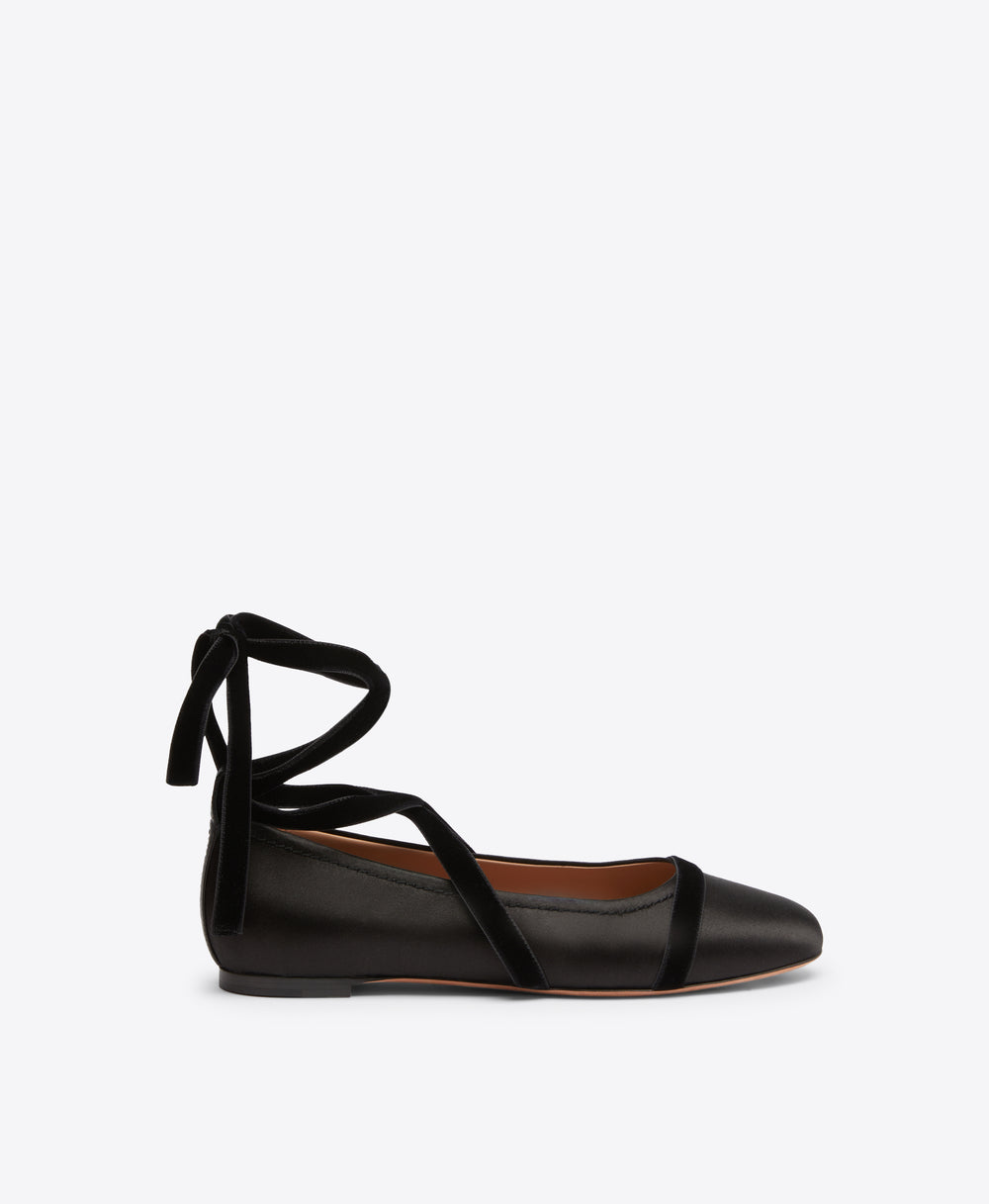 Spencer Black Satin Flats with Velvet Ribbons Malone Souliers