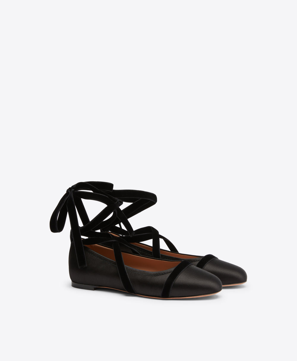 Spencer Black Satin Flats with Velvet Ribbons Malone Souliers