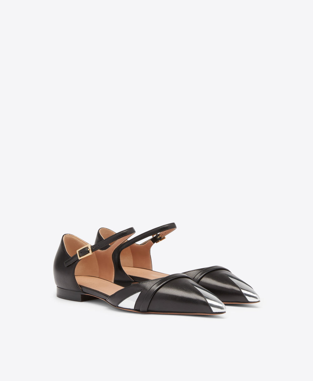 Ulla Black Leather Flats with Silver Leather Malone Souliers