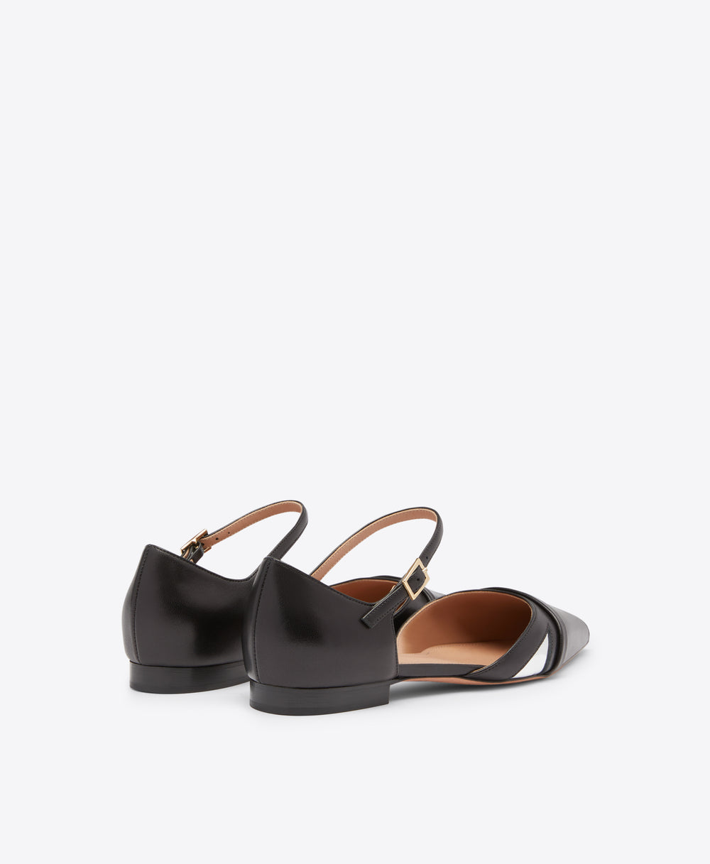 Ulla Black Leather Flats with Silver Leather Malone Souliers