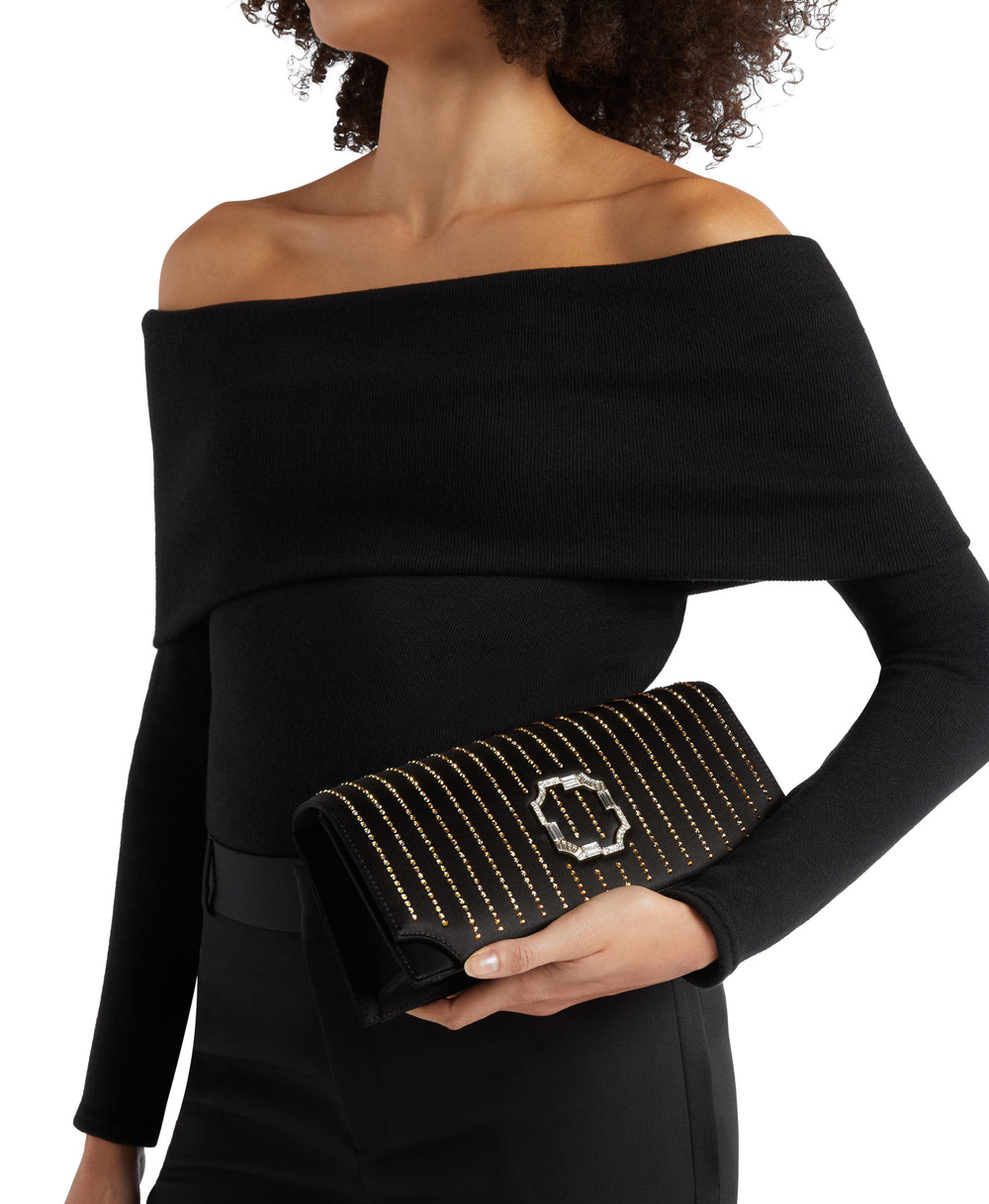 Vivien Black Satin Clutch with Crystal Stripes Malone Souliers