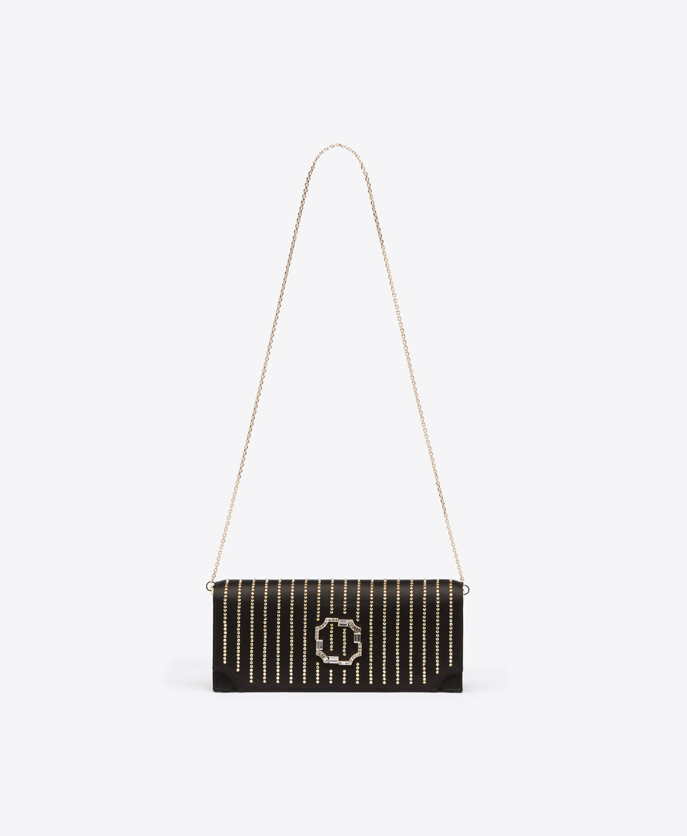 Vivien Black Satin Clutch with Crystal Stripes Malone Souliers